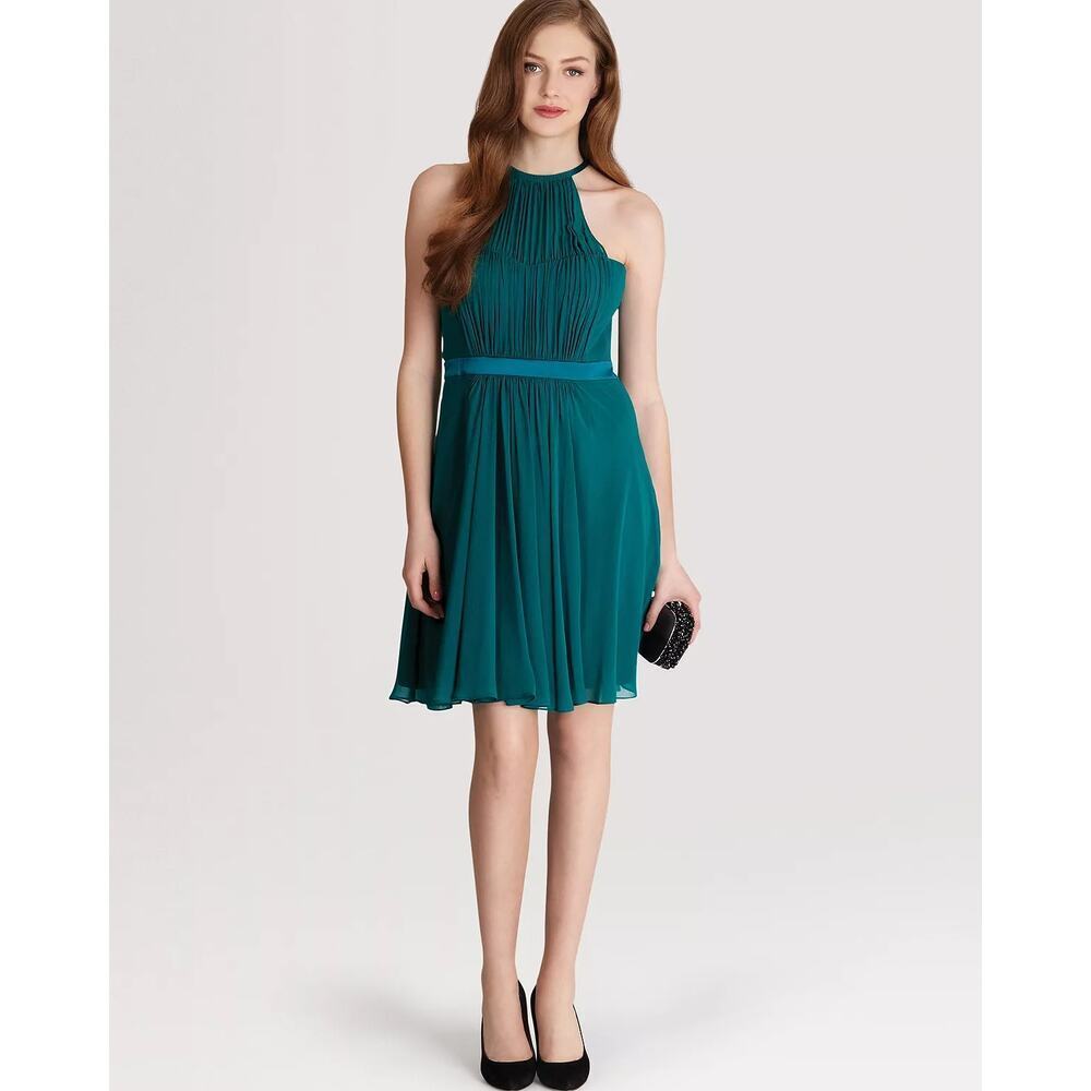 Coast Womens Benhaz Short Dress Jade Ruched Halter Silk Trim Hidden Side Zip NWT